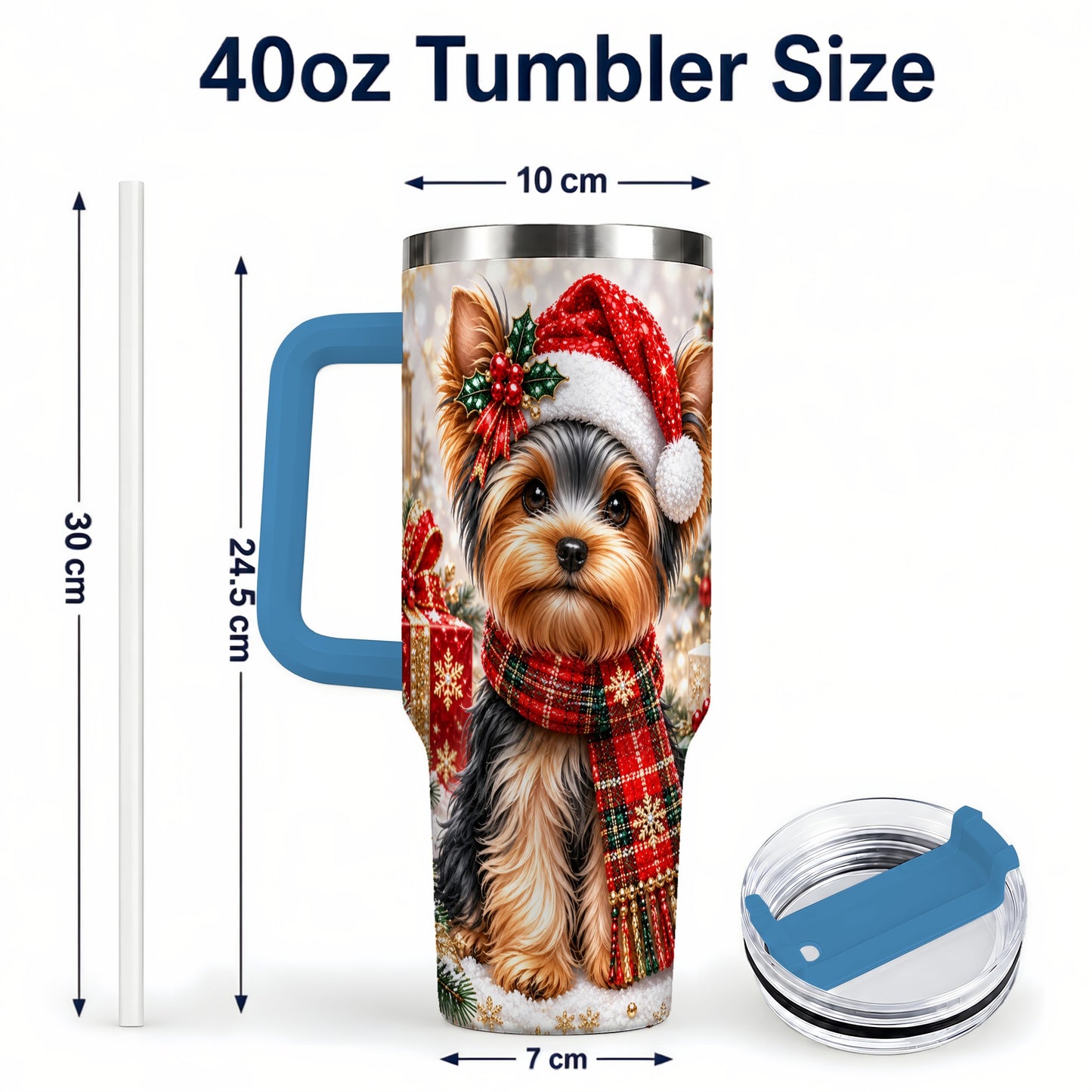 #pl[40oz|Blue] Christmas Yorkie 40oz Tumbler, Santa Dog Stainless Steel Travel Cup