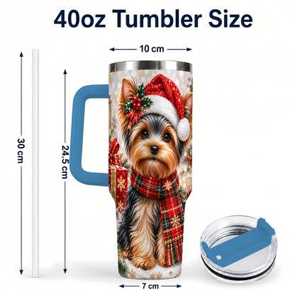 #pl[40oz|Blue] Christmas Yorkie 40oz Tumbler, Santa Dog Stainless Steel Travel Cup