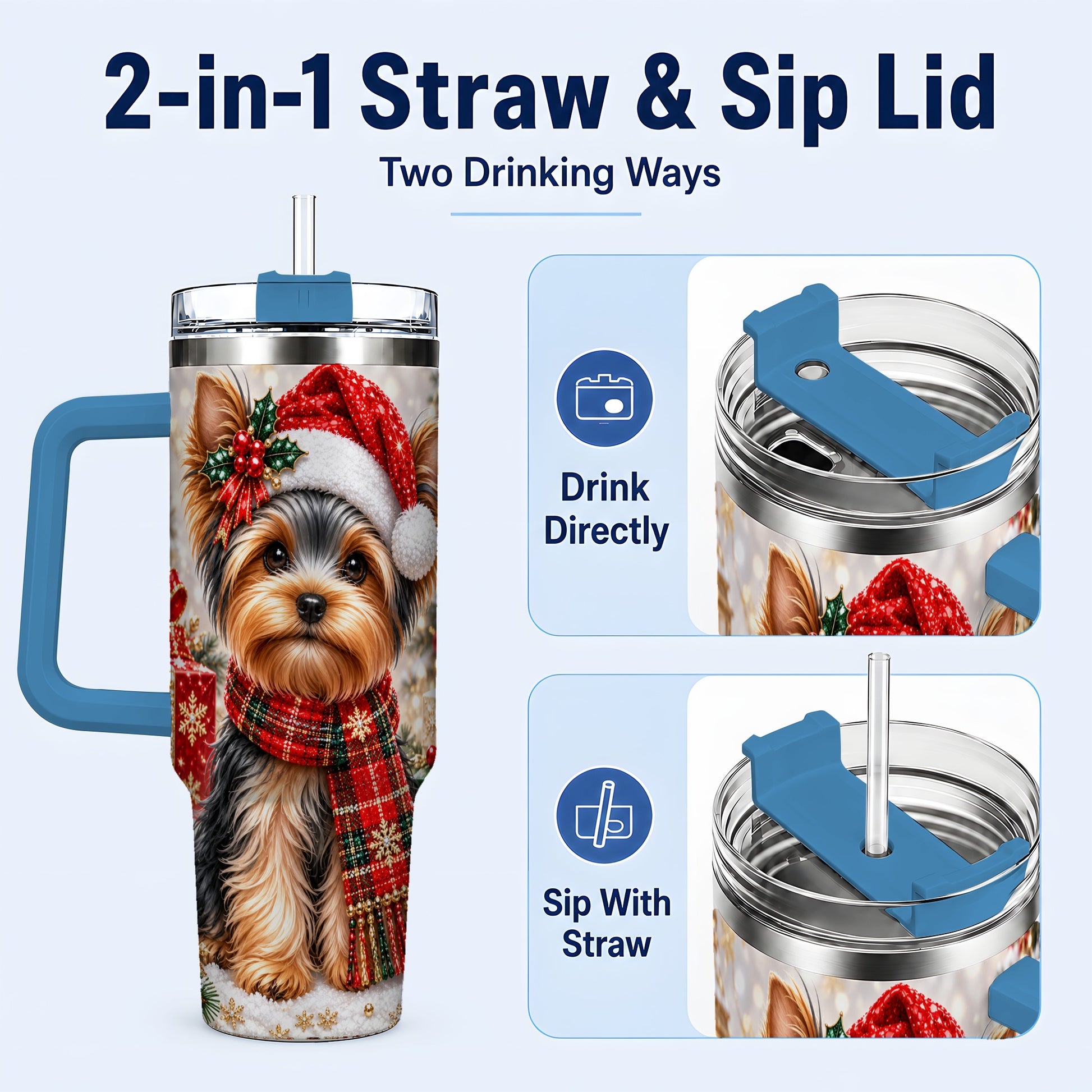 #pl[40oz|Blue] Christmas Yorkie 40oz Tumbler, Santa Dog Stainless Steel Travel Cup