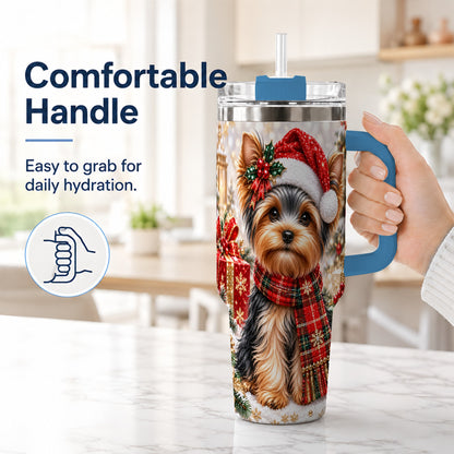 #pl[40oz|Blue] Christmas Yorkie 40oz Tumbler, Santa Dog Stainless Steel Travel Cup