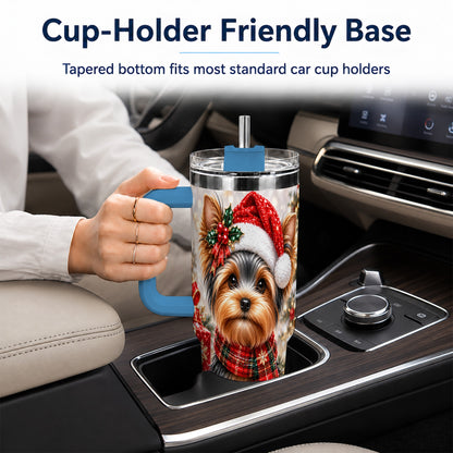 #pl[40oz|Blue] Christmas Yorkie 40oz Tumbler, Santa Dog Stainless Steel Travel Cup