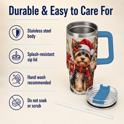 #pl[40oz|Blue] Christmas Yorkie 40oz Tumbler, Santa Dog Stainless Steel Travel Cup