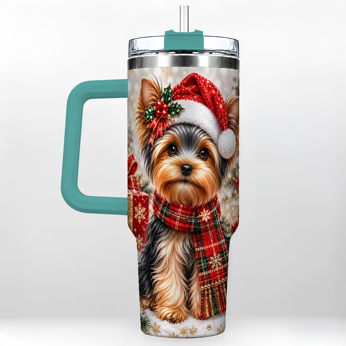 #pl[40oz|Green] Christmas Yorkie 40oz Tumbler, Santa Dog Stainless Steel Travel Cup