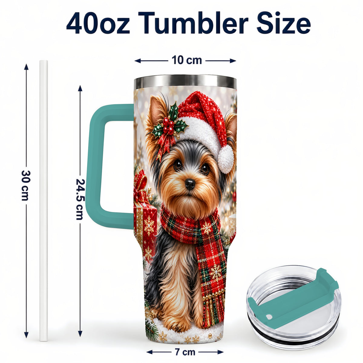 #pl[40oz|Green] Christmas Yorkie 40oz Tumbler, Santa Dog Stainless Steel Travel Cup