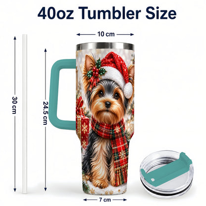 #pl[40oz|Green] Christmas Yorkie 40oz Tumbler, Santa Dog Stainless Steel Travel Cup