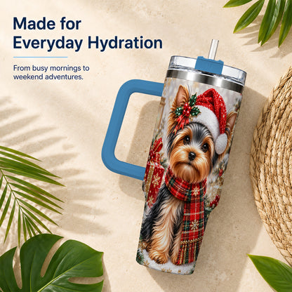 #pl[40oz|Blue] Christmas Yorkie 40oz Tumbler, Santa Dog Stainless Steel Travel Cup