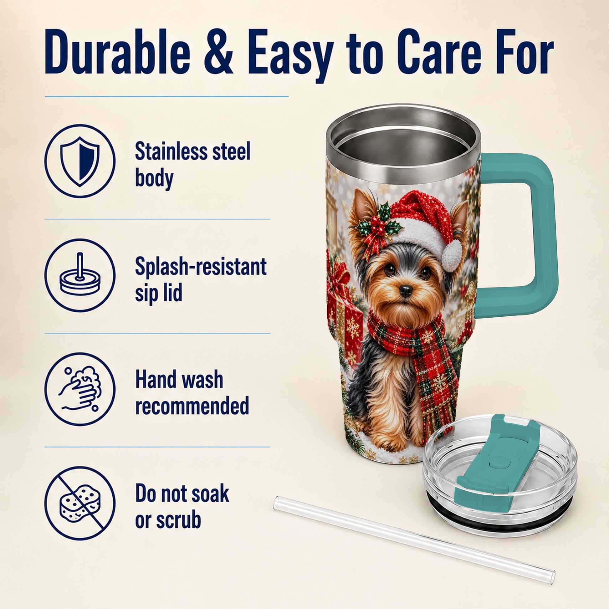 #pl[40oz|Green] Christmas Yorkie 40oz Tumbler, Santa Dog Stainless Steel Travel Cup