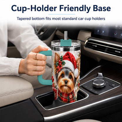 #pl[40oz|Green] Christmas Yorkie 40oz Tumbler, Santa Dog Stainless Steel Travel Cup