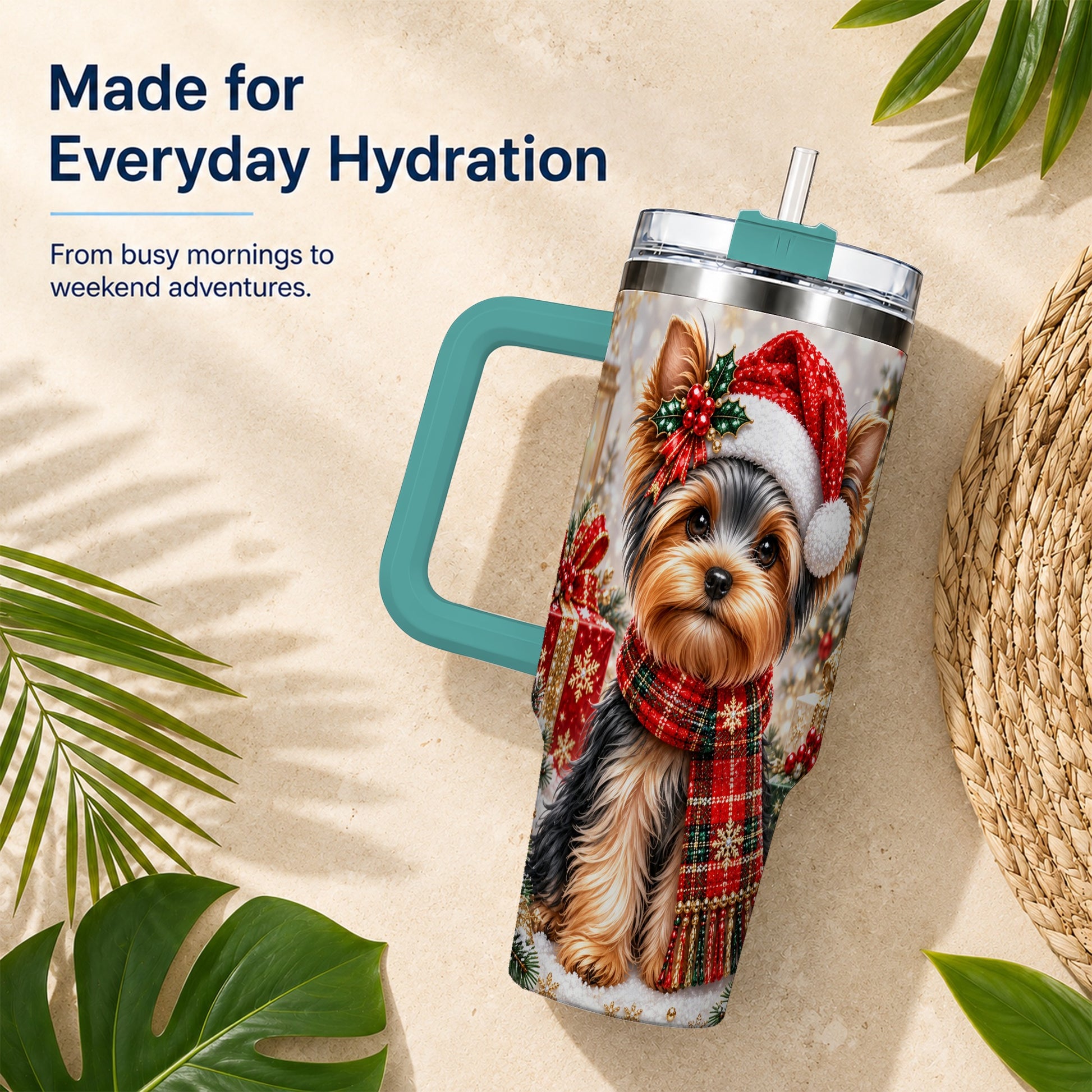 #pl[40oz|Green] Christmas Yorkie 40oz Tumbler, Santa Dog Stainless Steel Travel Cup