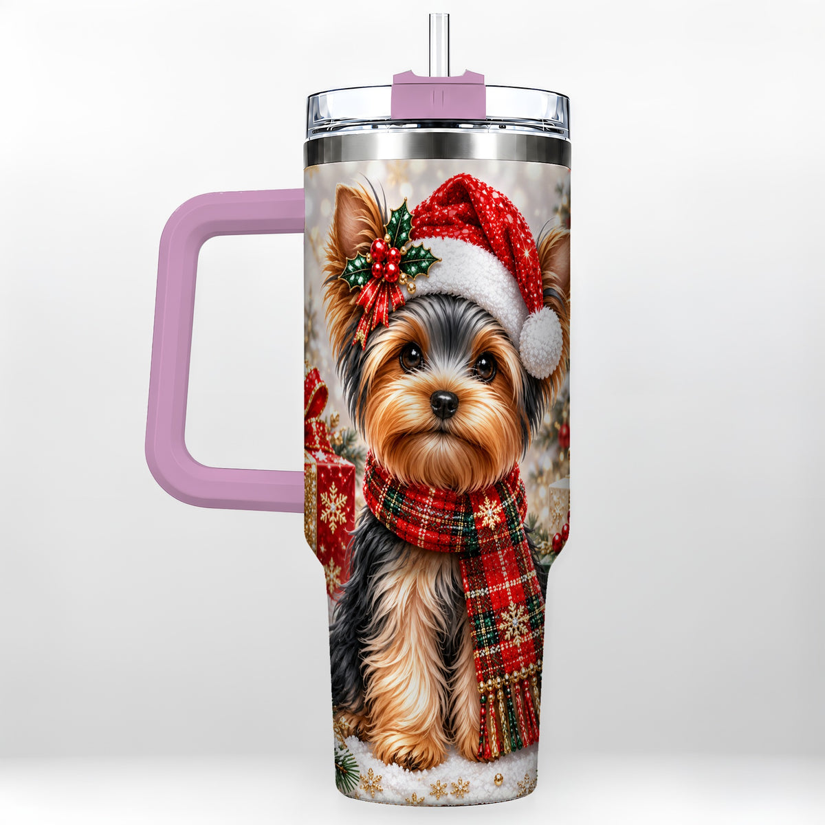 #pl[40oz|Pink] Christmas Yorkie 40oz Tumbler, Santa Dog Stainless Steel Travel Cup