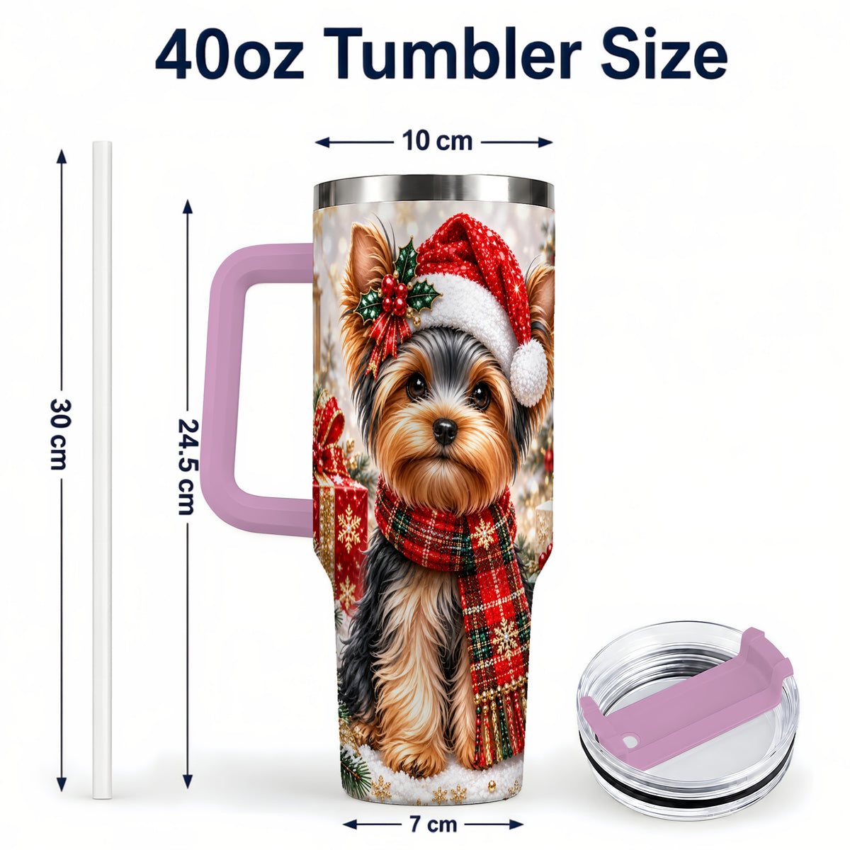 #pl[40oz|Pink] Christmas Yorkie 40oz Tumbler, Santa Dog Stainless Steel Travel Cup