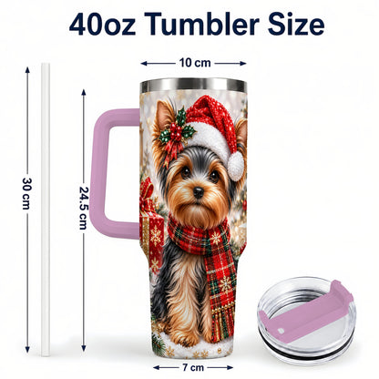 #pl[40oz|Pink] Christmas Yorkie 40oz Tumbler, Santa Dog Stainless Steel Travel Cup