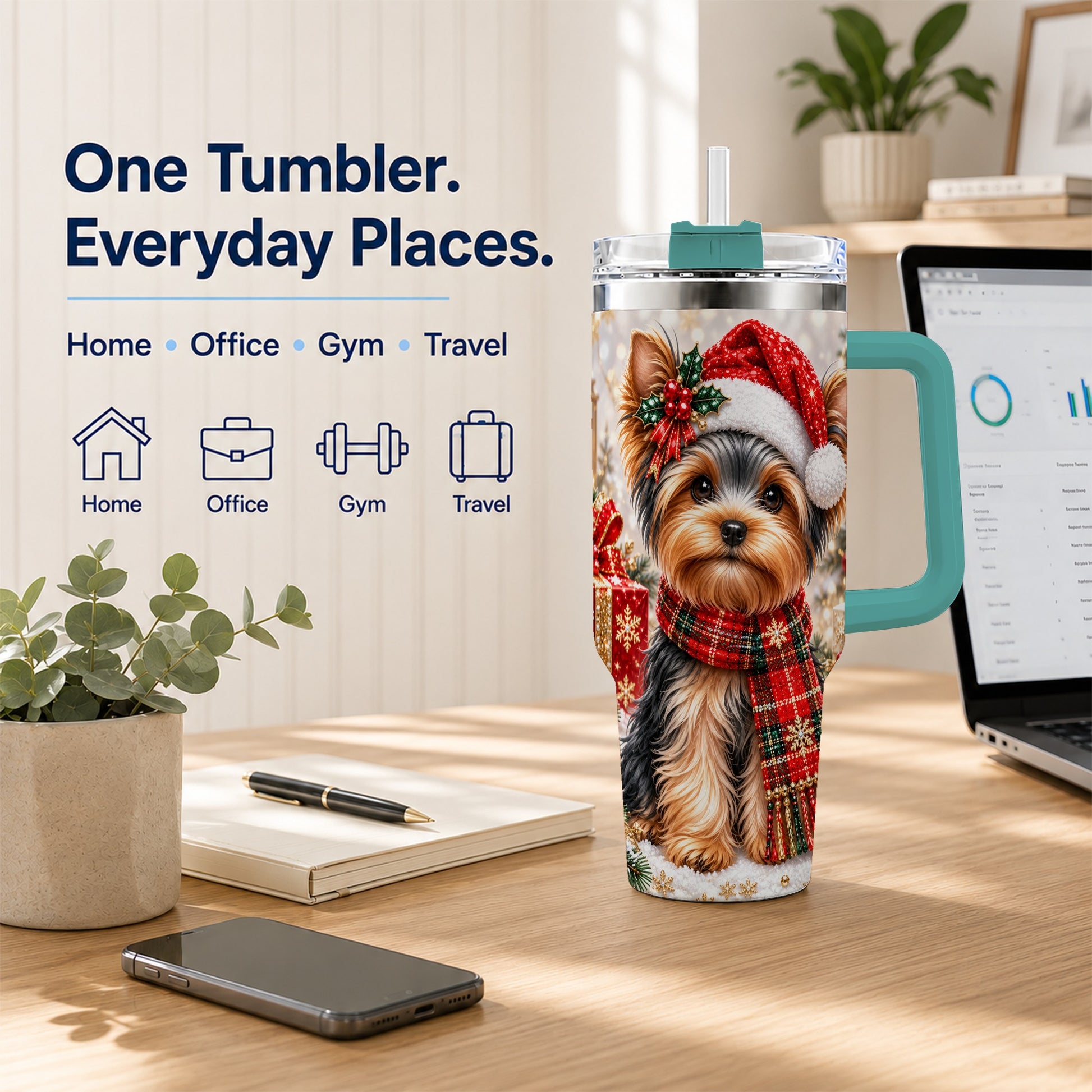 #pl[40oz|Green] Christmas Yorkie 40oz Tumbler, Santa Dog Stainless Steel Travel Cup
