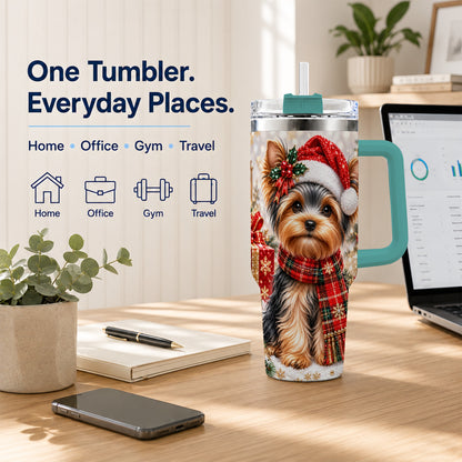 #pl[40oz|Green] Christmas Yorkie 40oz Tumbler, Santa Dog Stainless Steel Travel Cup