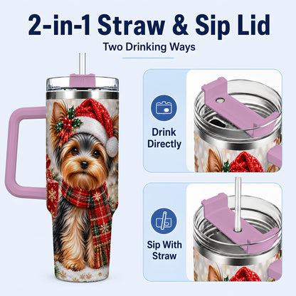 #pl[40oz|Pink] Christmas Yorkie 40oz Tumbler, Santa Dog Stainless Steel Travel Cup
