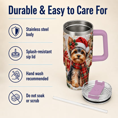 #pl[40oz|Pink] Christmas Yorkie 40oz Tumbler, Santa Dog Stainless Steel Travel Cup