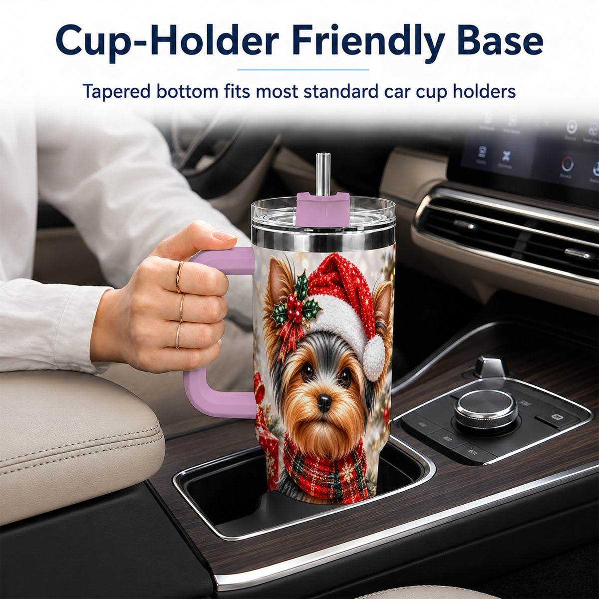 #pl[40oz|Pink] Christmas Yorkie 40oz Tumbler, Santa Dog Stainless Steel Travel Cup