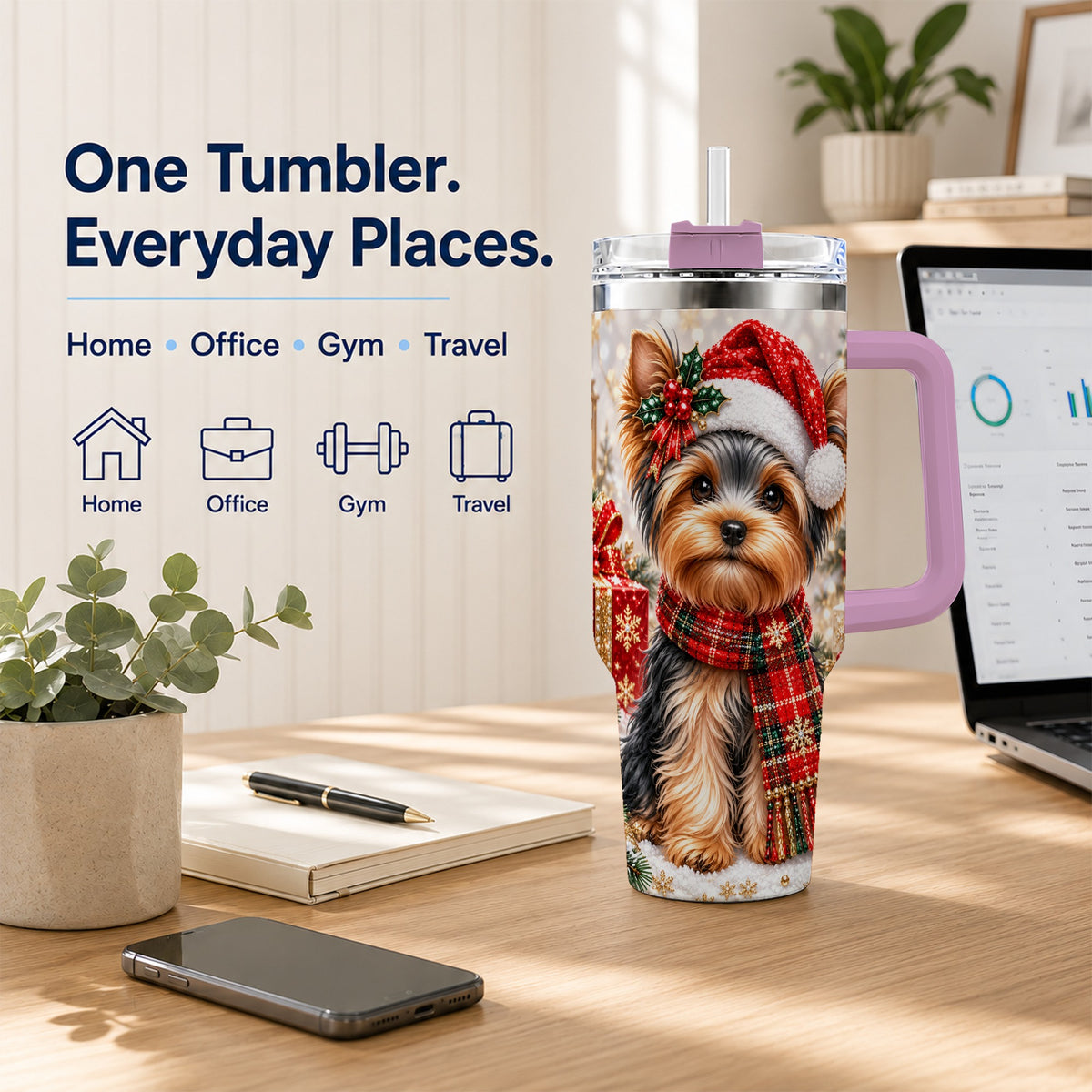 #pl[40oz|Pink] Christmas Yorkie 40oz Tumbler, Santa Dog Stainless Steel Travel Cup