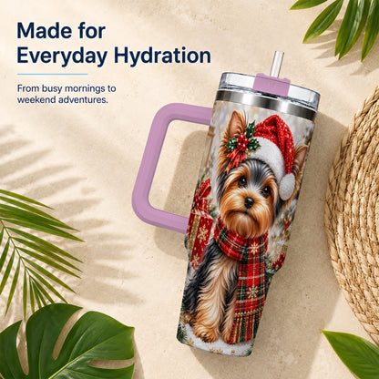 #pl[40oz|Pink] Christmas Yorkie 40oz Tumbler, Santa Dog Stainless Steel Travel Cup