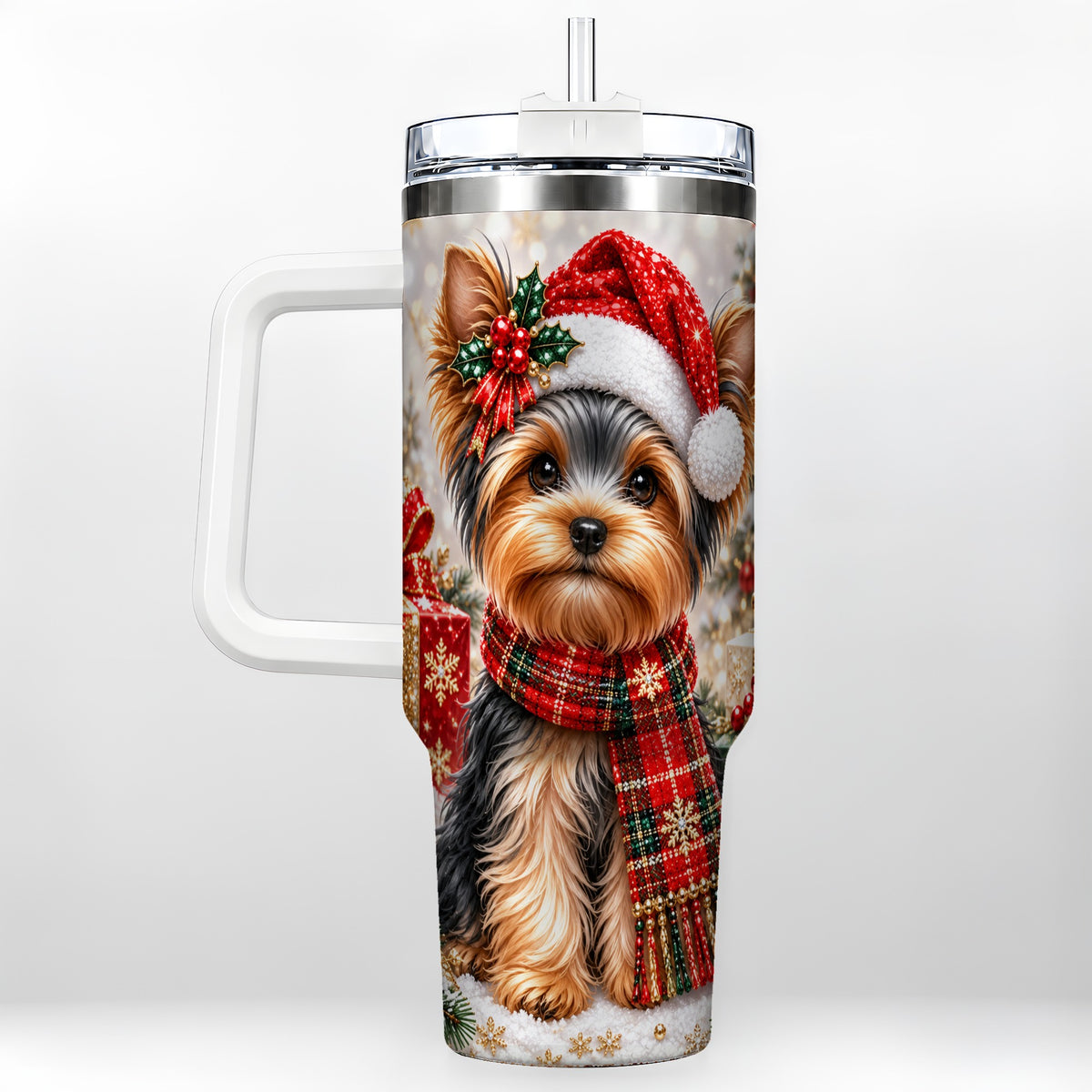 Christmas Yorkie 40oz Tumbler, Santa Dog Stainless Steel Travel Cup