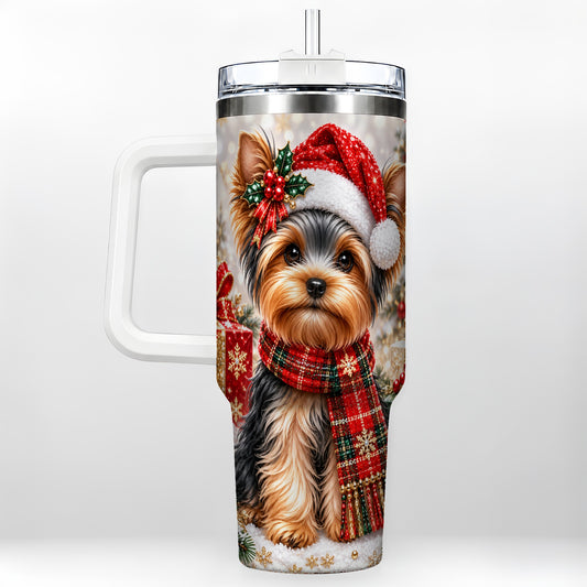 Christmas Yorkie 40oz Tumbler, Santa Dog Stainless Steel Travel Cup