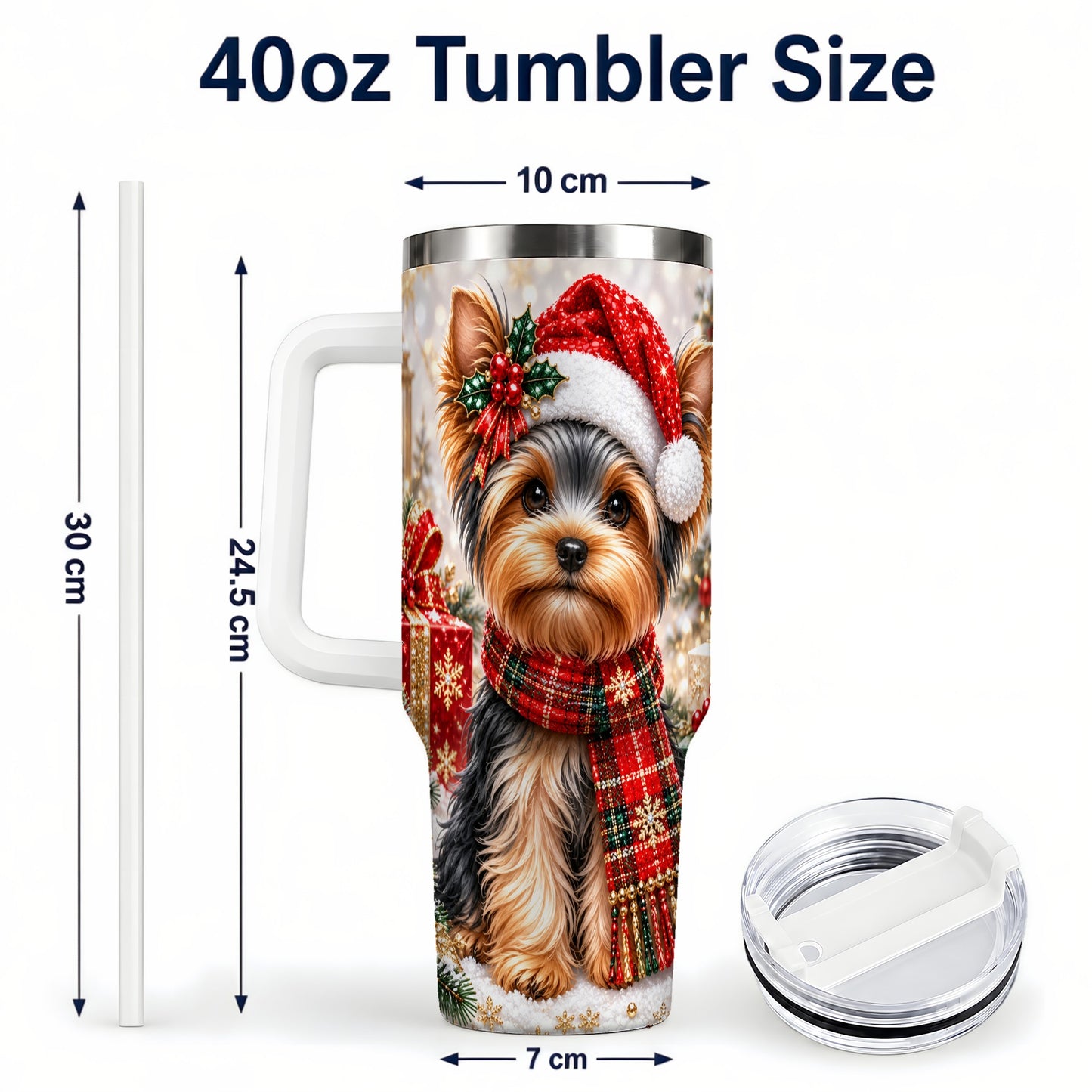 #pl[40oz|White] Christmas Yorkie 40oz Tumbler, Santa Dog Stainless Steel Travel Cup