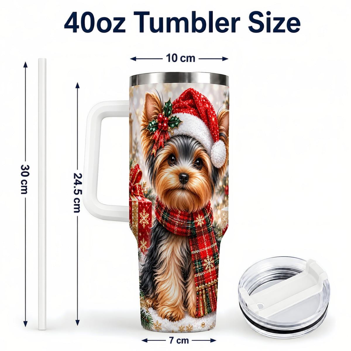 #pl[40oz|White] Christmas Yorkie 40oz Tumbler, Santa Dog Stainless Steel Travel Cup