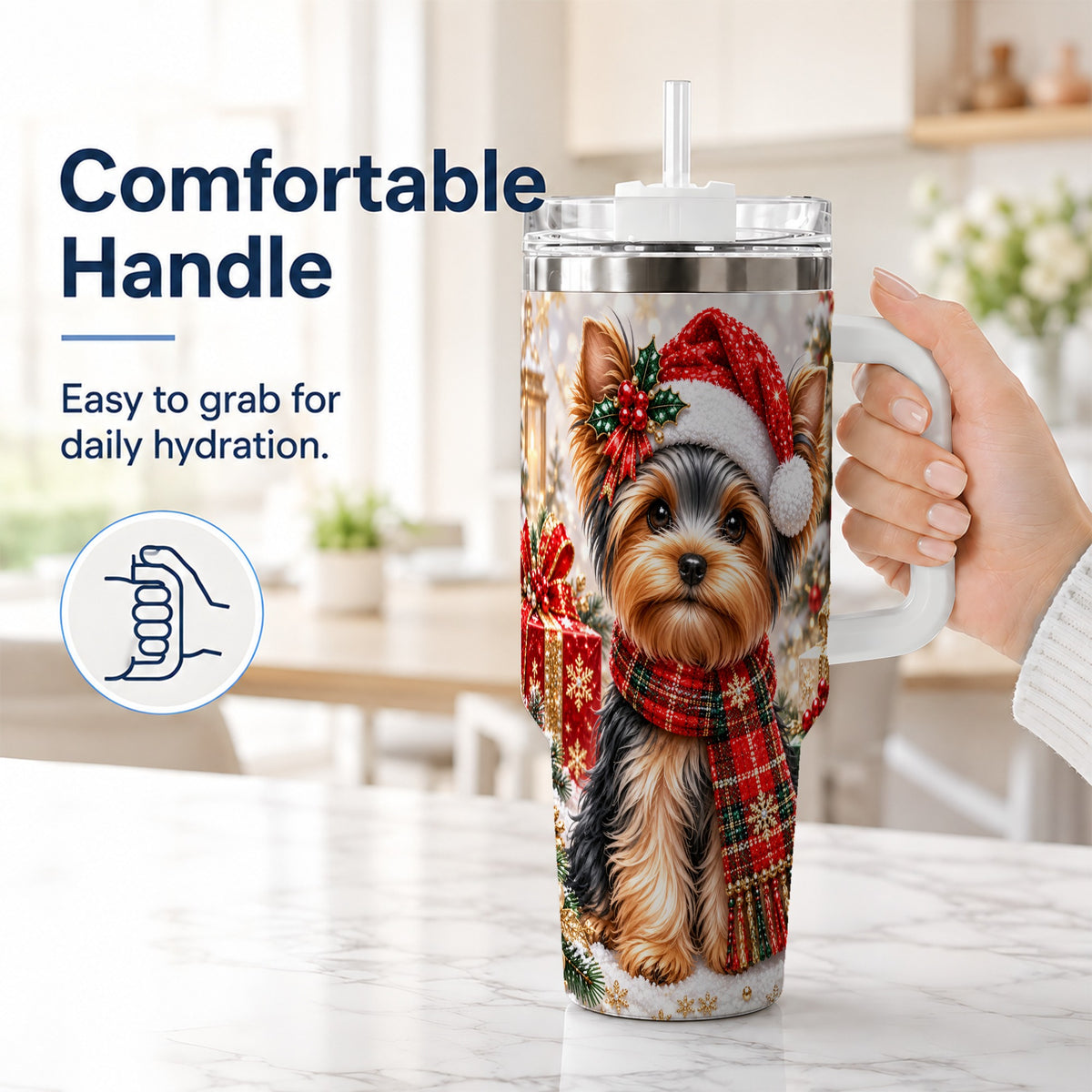 #pl[40oz|White] Christmas Yorkie 40oz Tumbler, Santa Dog Stainless Steel Travel Cup