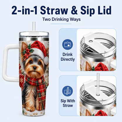 #pl[40oz|White] Christmas Yorkie 40oz Tumbler, Santa Dog Stainless Steel Travel Cup