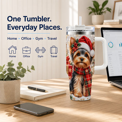 #pl[40oz|White] Christmas Yorkie 40oz Tumbler, Santa Dog Stainless Steel Travel Cup