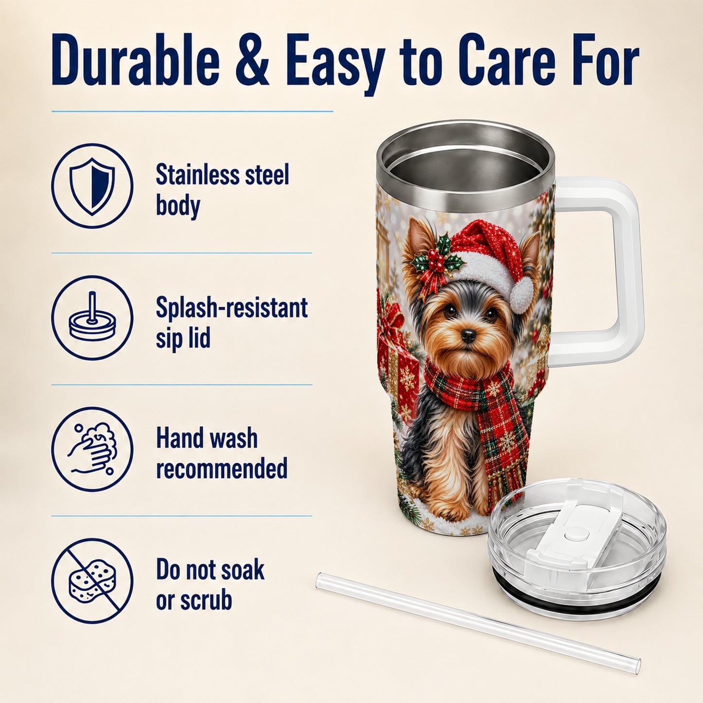 #pl[40oz|White] Christmas Yorkie 40oz Tumbler, Santa Dog Stainless Steel Travel Cup