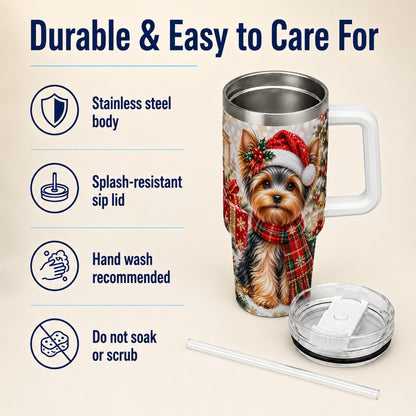#pl[40oz|White] Christmas Yorkie 40oz Tumbler, Santa Dog Stainless Steel Travel Cup