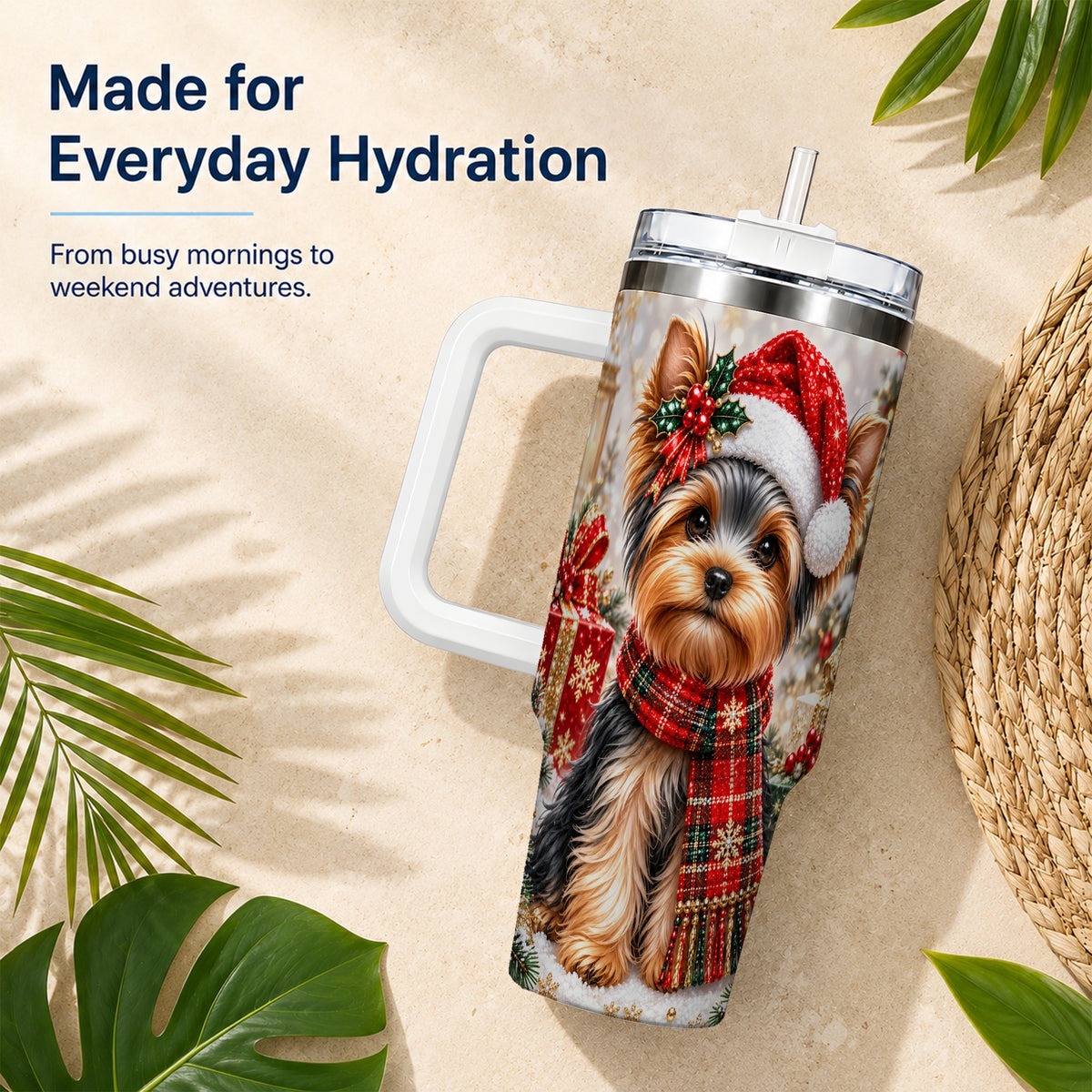 #pl[40oz|White] Christmas Yorkie 40oz Tumbler, Santa Dog Stainless Steel Travel Cup