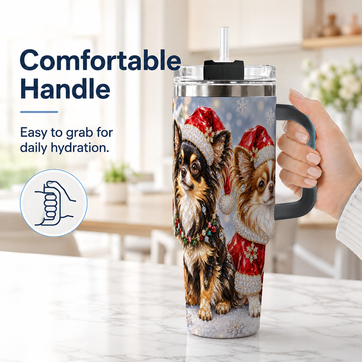 #pl[40oz|Black] Christmas Chihuahua 40oz Tumbler, Jeweled Dog Stainless Steel Travel Cup