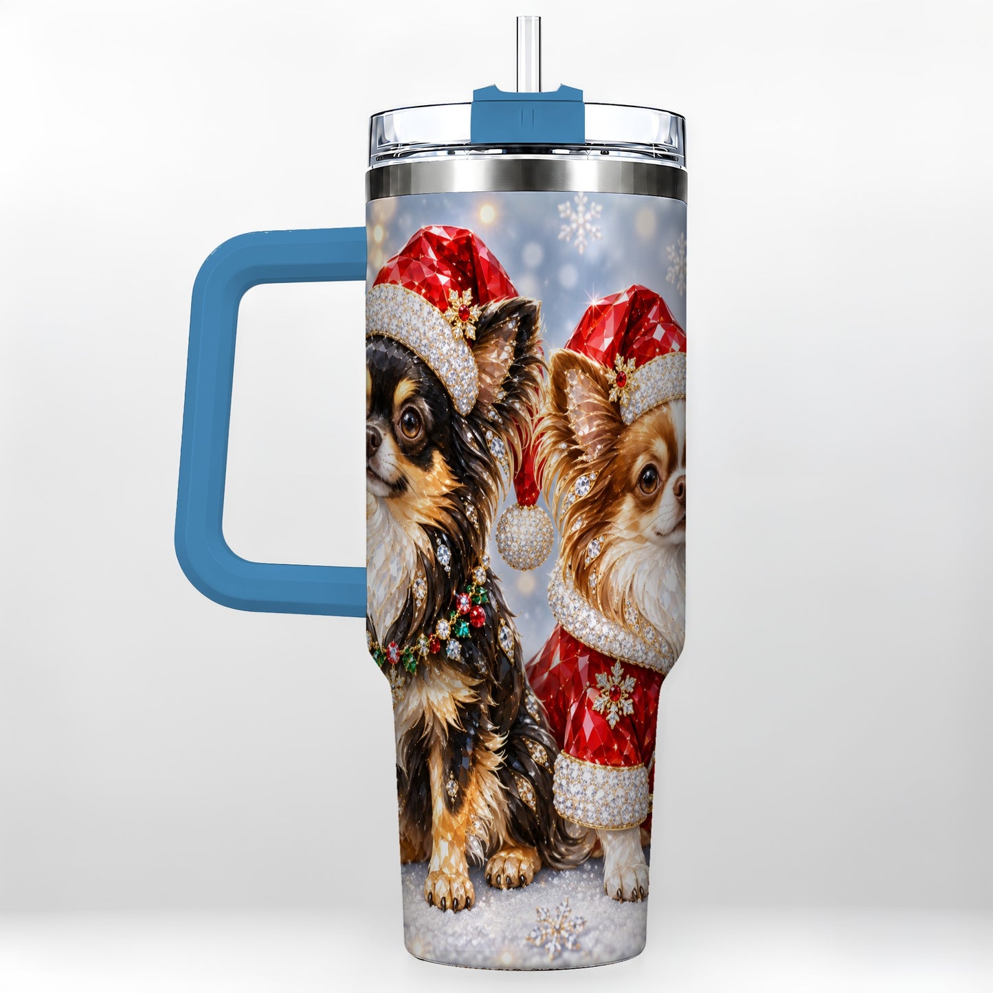 #pl[40oz|Blue] Christmas Chihuahua 40oz Tumbler, Jeweled Dog Stainless Steel Travel Cup