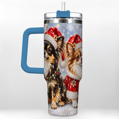 #pl[40oz|Blue] Christmas Chihuahua 40oz Tumbler, Jeweled Dog Stainless Steel Travel Cup