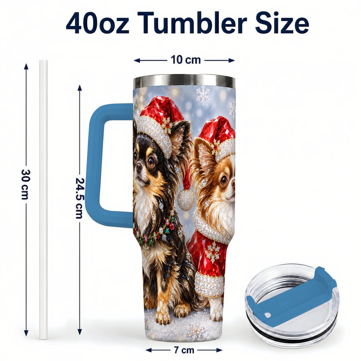 #pl[40oz|Blue] Christmas Chihuahua 40oz Tumbler, Jeweled Dog Stainless Steel Travel Cup