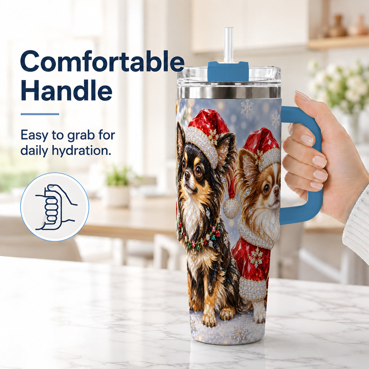 #pl[40oz|Blue] Christmas Chihuahua 40oz Tumbler, Jeweled Dog Stainless Steel Travel Cup