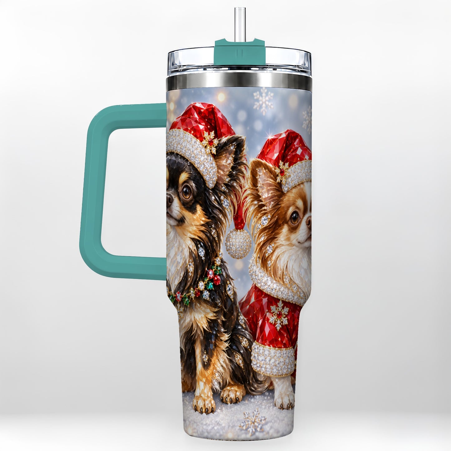 #pl[40oz|Green] Christmas Chihuahua 40oz Tumbler, Jeweled Dog Stainless Steel Travel Cup