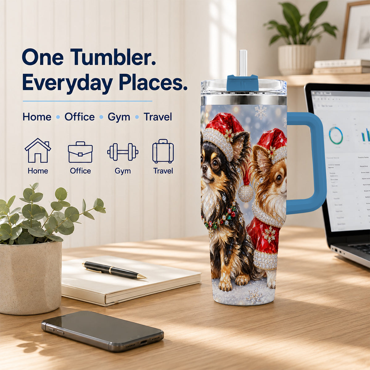 #pl[40oz|Blue] Christmas Chihuahua 40oz Tumbler, Jeweled Dog Stainless Steel Travel Cup