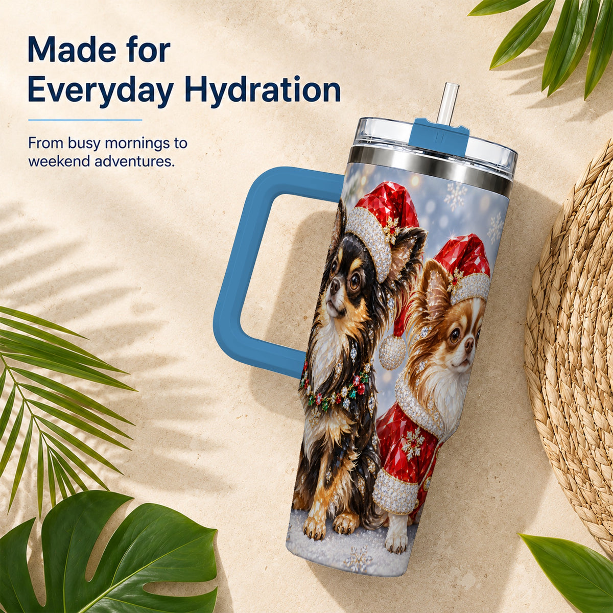 #pl[40oz|Blue] Christmas Chihuahua 40oz Tumbler, Jeweled Dog Stainless Steel Travel Cup