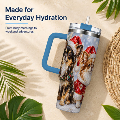 #pl[40oz|Blue] Christmas Chihuahua 40oz Tumbler, Jeweled Dog Stainless Steel Travel Cup