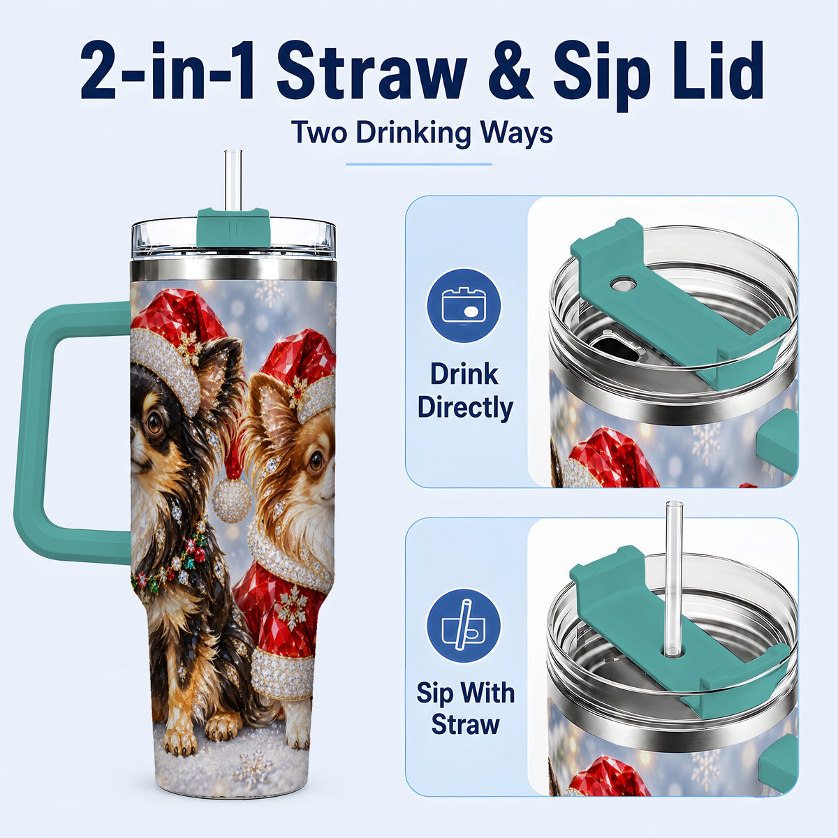 #pl[40oz|Green] Christmas Chihuahua 40oz Tumbler, Jeweled Dog Stainless Steel Travel Cup