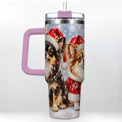 #pl[40oz|Pink] Christmas Chihuahua 40oz Tumbler, Jeweled Dog Stainless Steel Travel Cup
