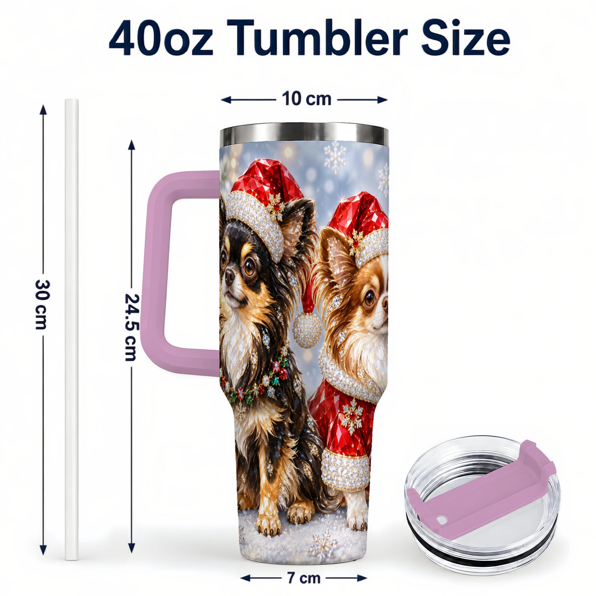 #pl[40oz|Pink] Christmas Chihuahua 40oz Tumbler, Jeweled Dog Stainless Steel Travel Cup