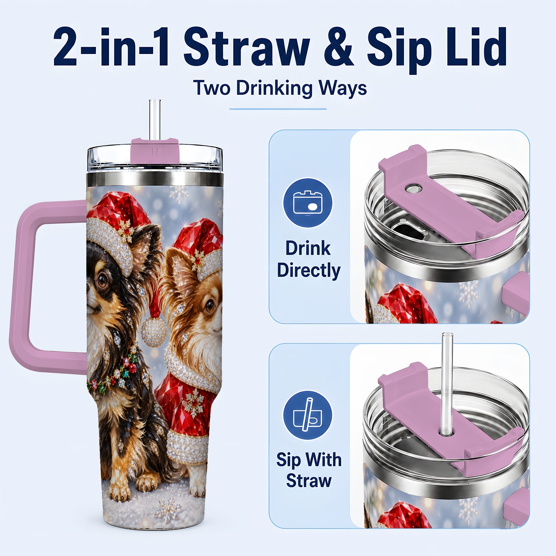 #pl[40oz|Pink] Christmas Chihuahua 40oz Tumbler, Jeweled Dog Stainless Steel Travel Cup