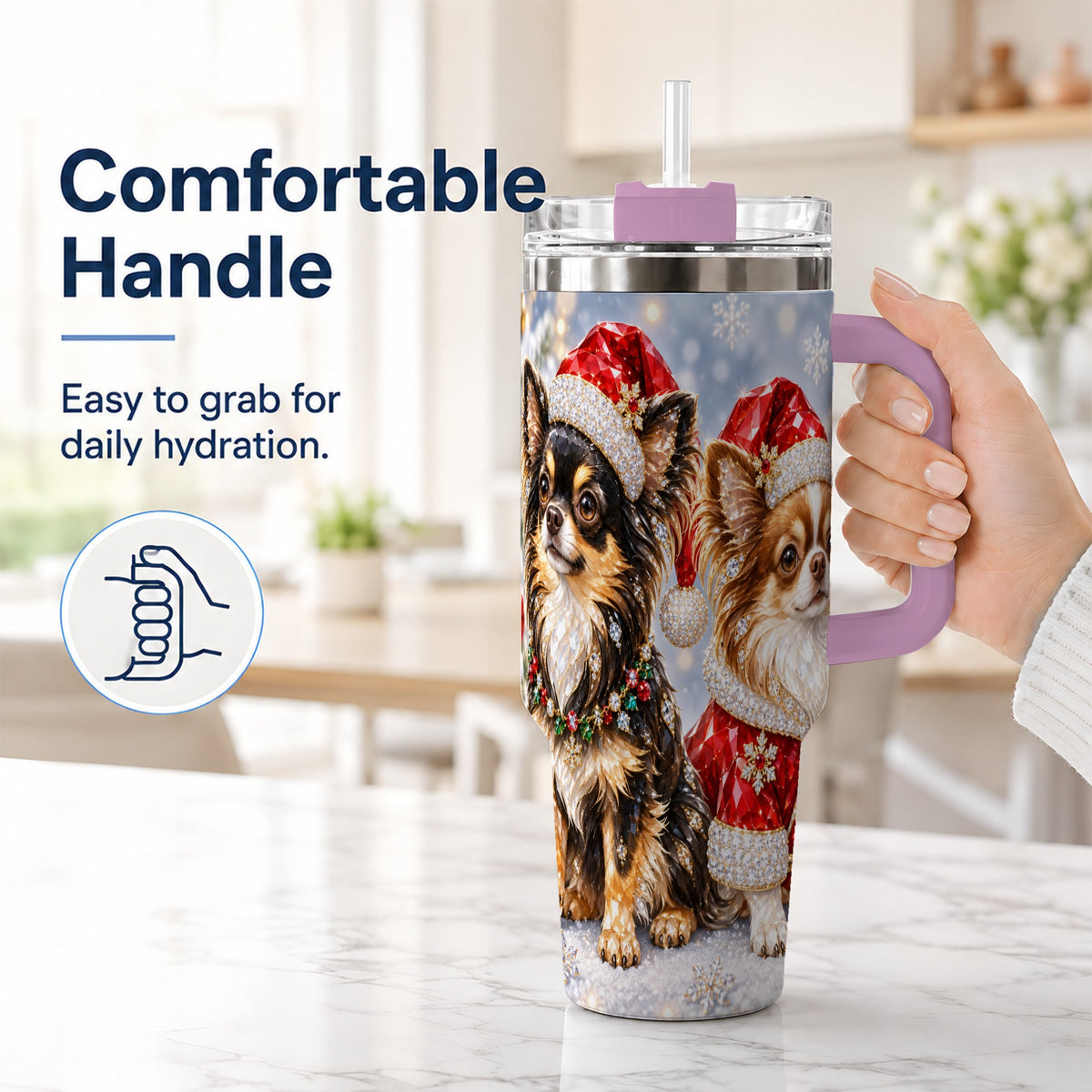 #pl[40oz|Pink] Christmas Chihuahua 40oz Tumbler, Jeweled Dog Stainless Steel Travel Cup