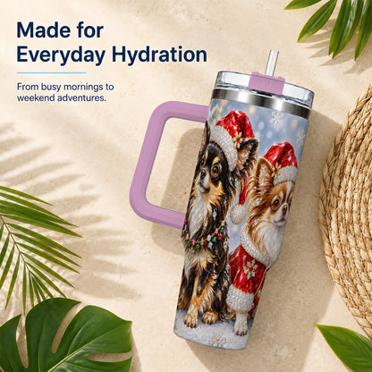 #pl[40oz|Pink] Christmas Chihuahua 40oz Tumbler, Jeweled Dog Stainless Steel Travel Cup