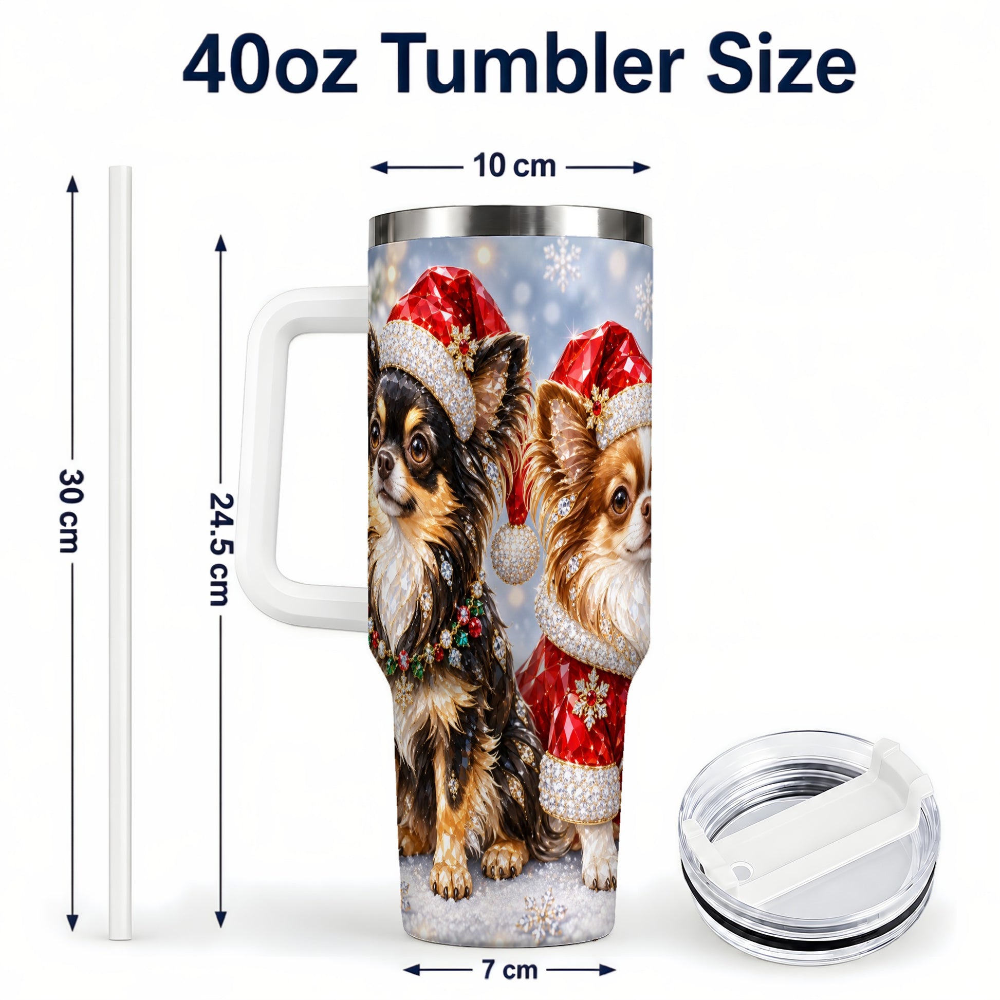 #pl[40oz|White] Christmas Chihuahua 40oz Tumbler, Jeweled Dog Stainless Steel Travel Cup