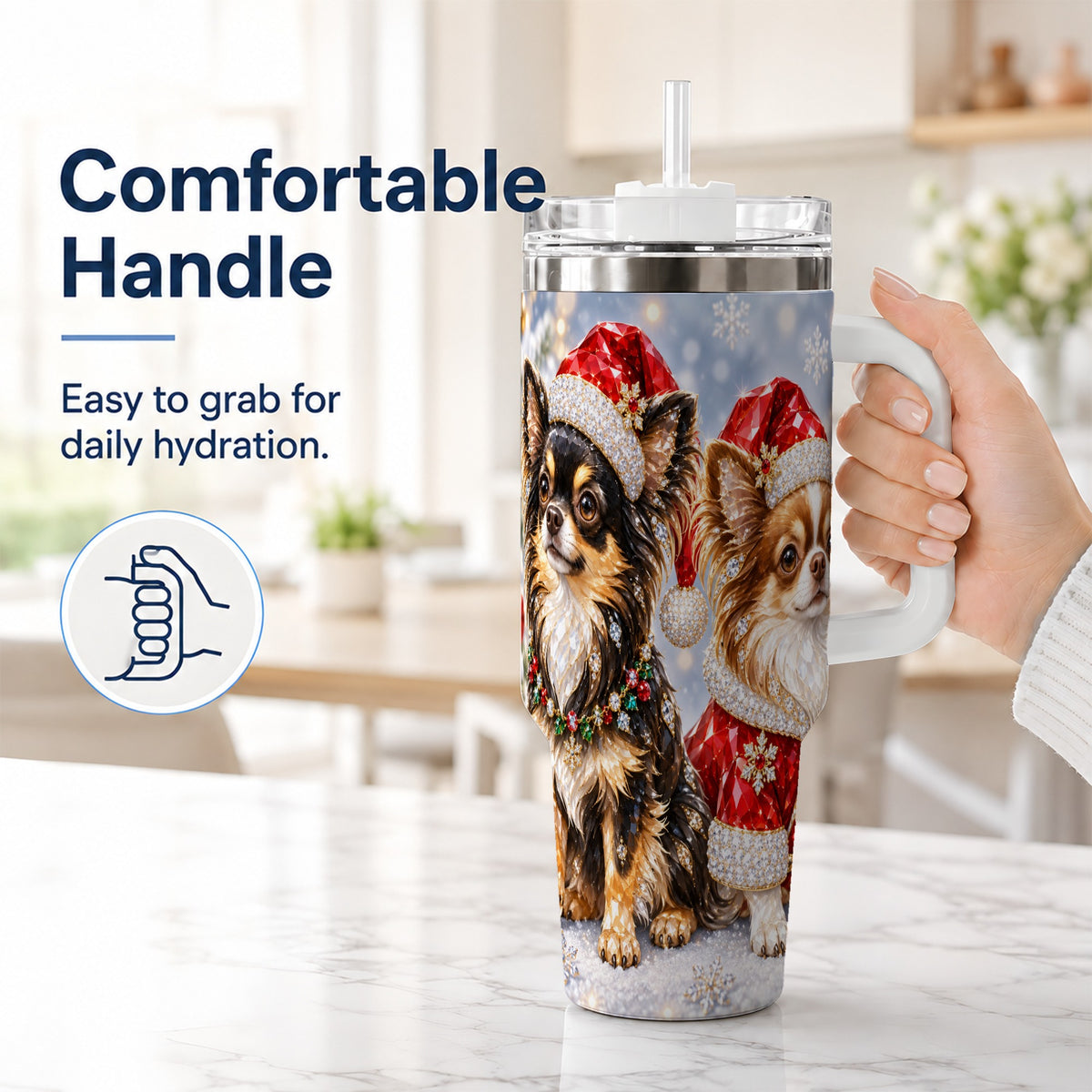 #pl[40oz|White] Christmas Chihuahua 40oz Tumbler, Jeweled Dog Stainless Steel Travel Cup